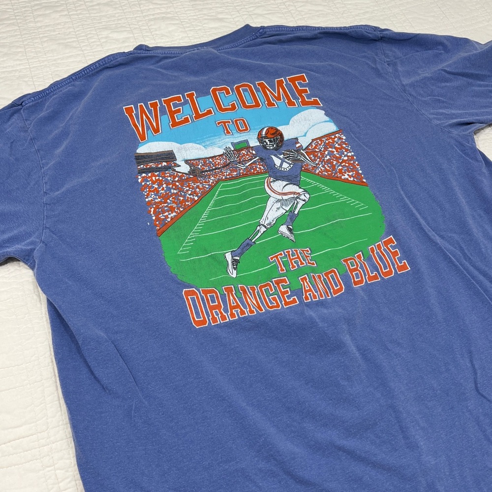 Old Row U Comfort Colors UF Gators Orange Blue Skeleton Football Pocket Tee XL